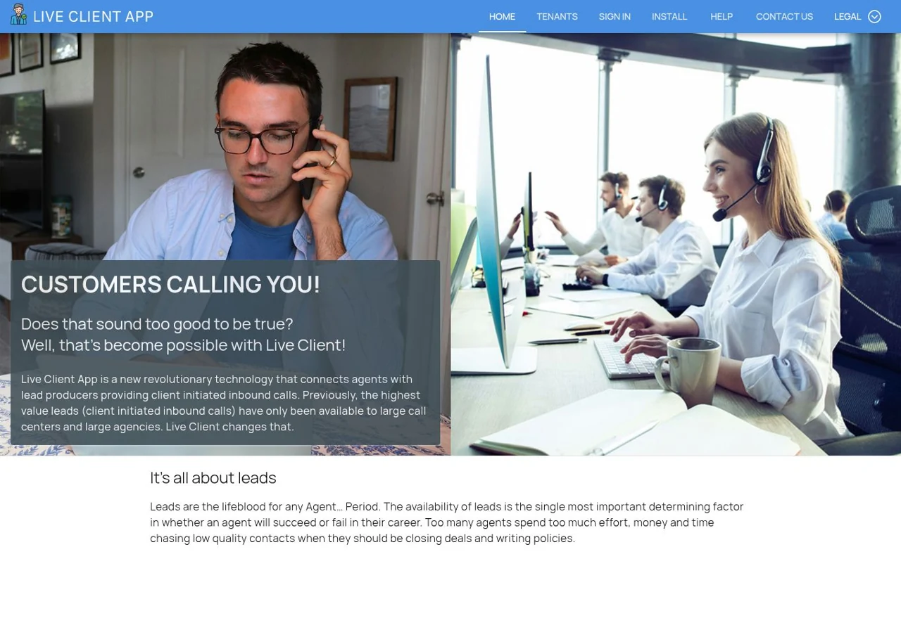 Live Client App homepage, a platform connecting agents with client-initiated inbound calls.